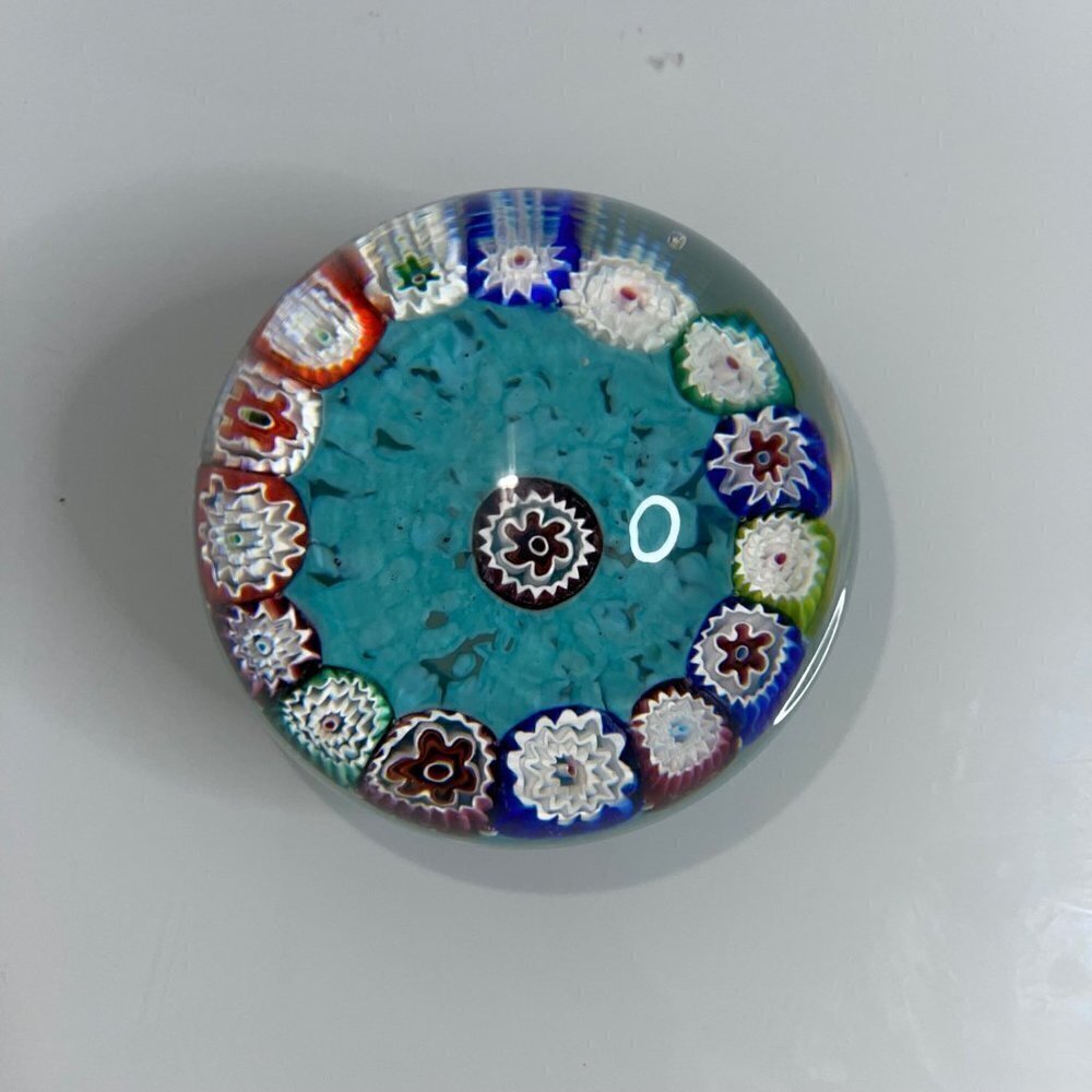 Vintage Millefiori Art Glass Turquoise Multicolor Paperweight Collectible - Picture 13 of 15